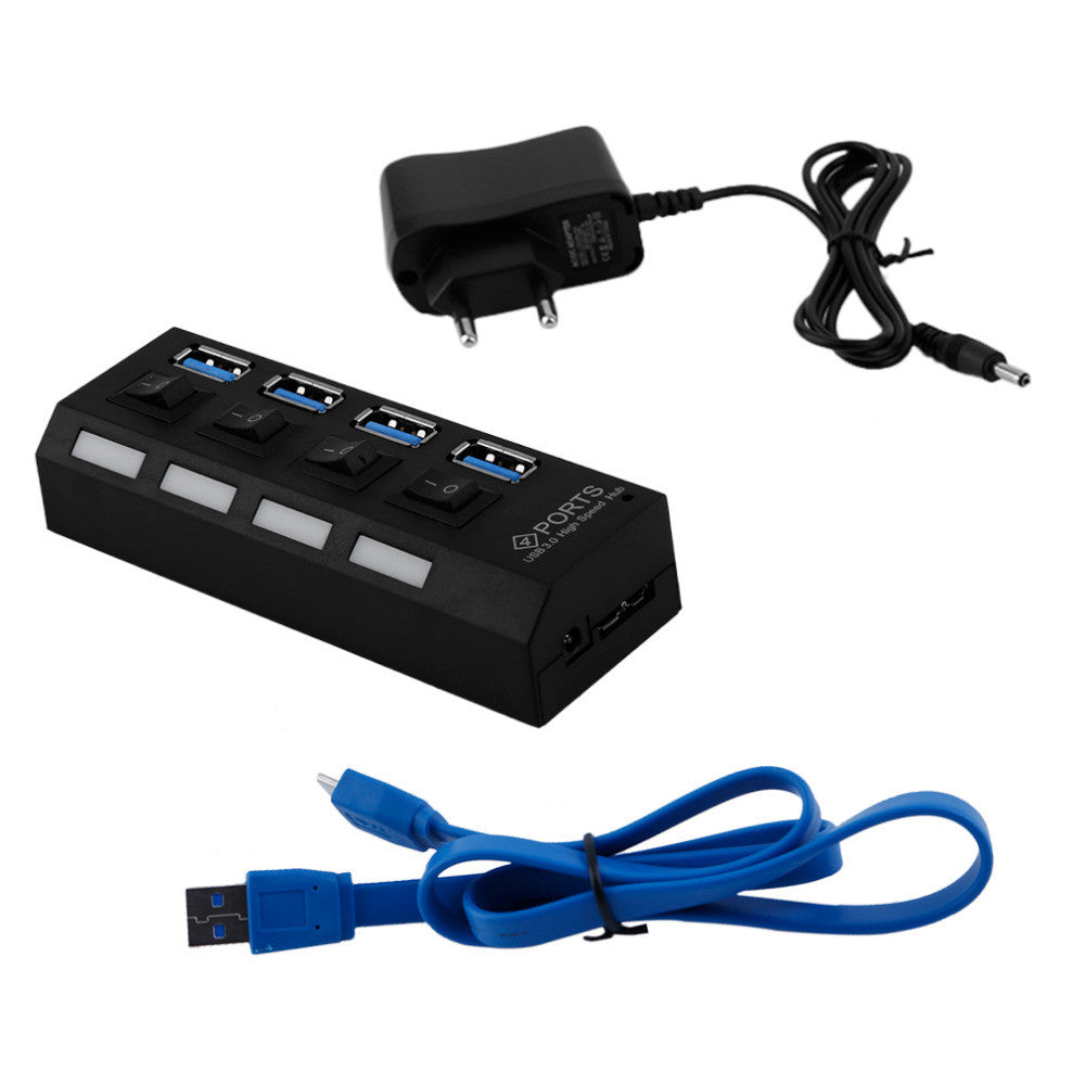 Professional Plug and Play 4 Port USB 3.0 Hub On/Off Switches & AC Power Adapter Cable for PC Laptop EU/US Plug