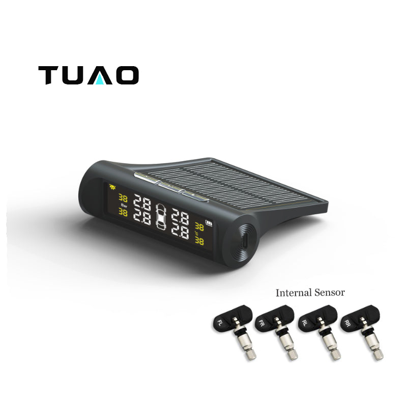 TUAO TPMS Car Tire Pressure Monitoring System Solar Energy LCD Color Display 4 Internal Sensor Auto Alarm System Car electronics
