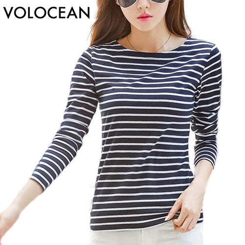 VOLOCEAN Famous Brand Tshirt 2018 Autumn Winter T-shirts For Women Classic Stirped Cotton T Shirt Woman Plus Size Female T-shirt